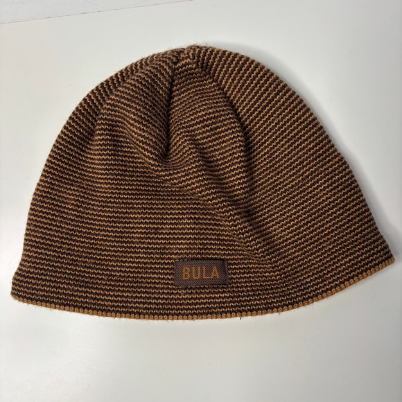 Bula Mens Brown Striped Knit Beanie Hat Wool Blend Fleece Lined Cap Snow Logo - Picture 1 of 5